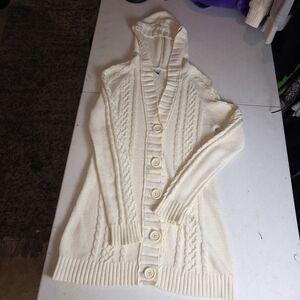 GAP Women’s Hooded Cardigan Sweater Small Cream Cable Knit Button Front